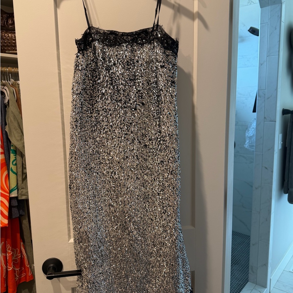 Silver Sequin Midi Slip Dress with Black Lace Trim